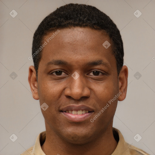 Joyful latino young-adult male with short  brown hair and brown eyes