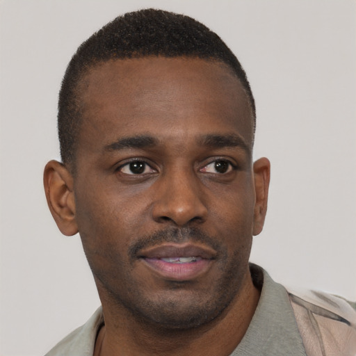 Neutral black young-adult male with short  brown hair and brown eyes