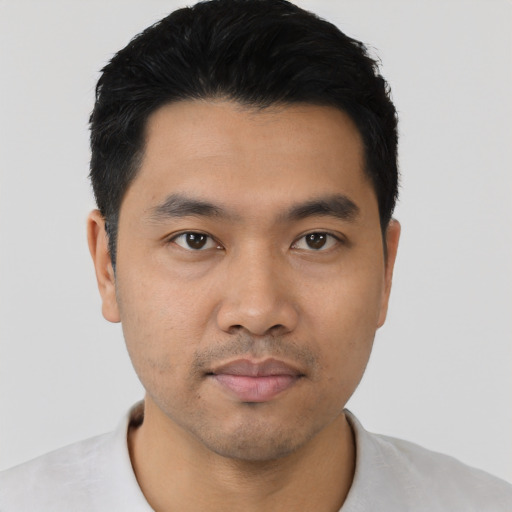 Neutral asian young-adult male with short  black hair and brown eyes