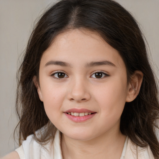 Joyful white child female with medium  brown hair and brown eyes