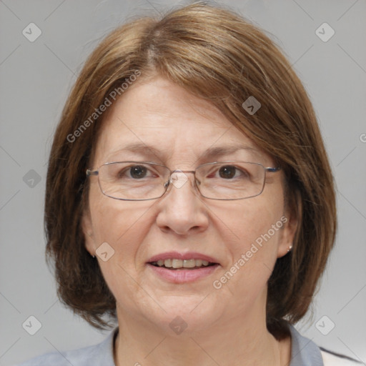 Joyful white adult female with medium  brown hair and blue eyes