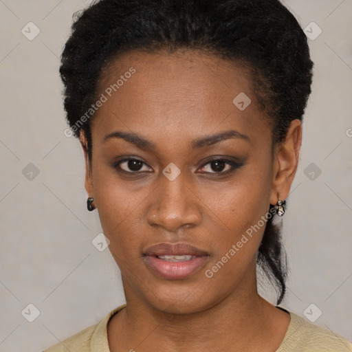 Neutral black young-adult female with short  black hair and brown eyes