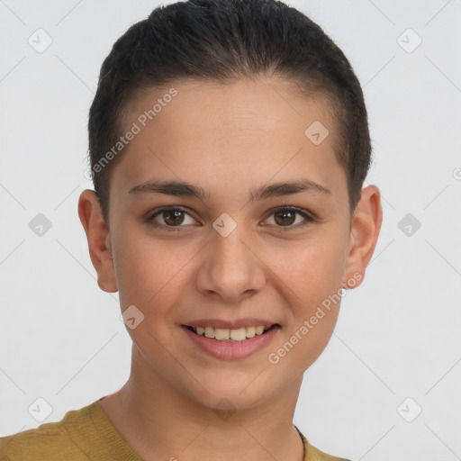 Joyful white young-adult female with short  brown hair and brown eyes