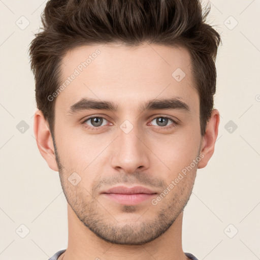 Neutral white young-adult male with short  brown hair and brown eyes