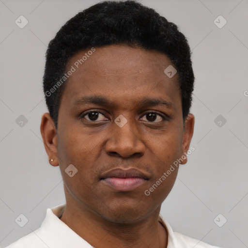 Neutral black young-adult male with short  black hair and brown eyes