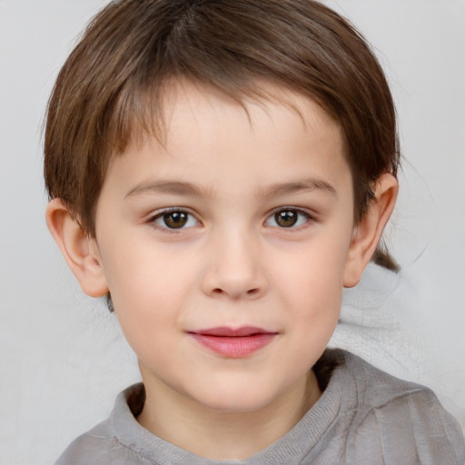 Joyful white child female with short  brown hair and brown eyes