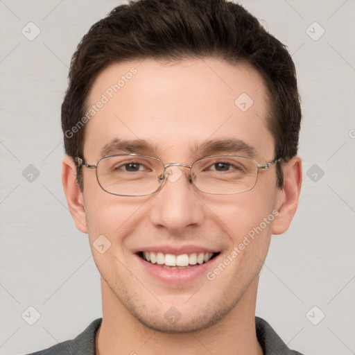 Joyful white adult male with short  brown hair and grey eyes