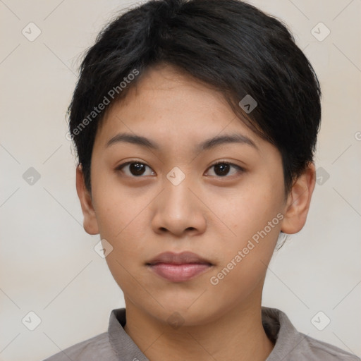 Neutral asian young-adult female with short  black hair and brown eyes