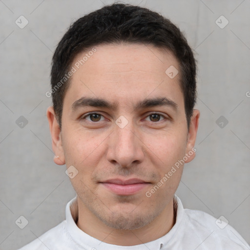 Joyful white young-adult male with short  brown hair and brown eyes