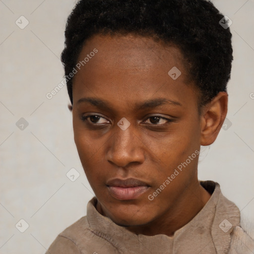 Neutral black young-adult female with short  black hair and brown eyes