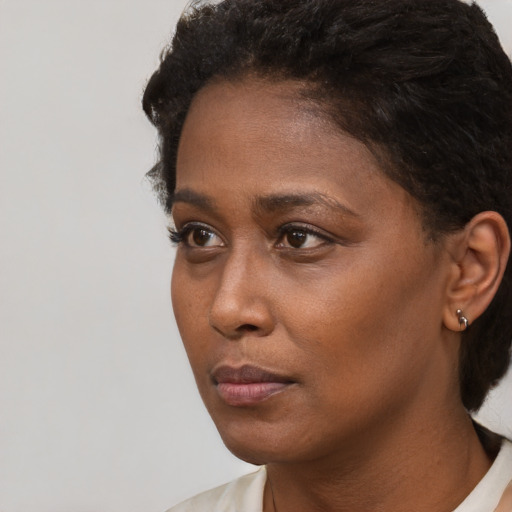 Neutral black young-adult female with short  black hair and brown eyes