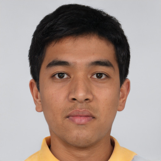 Neutral asian young-adult male with short  black hair and brown eyes