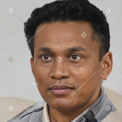 Neutral latino adult male with short  black hair and brown eyes