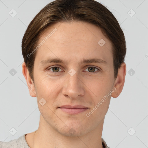 Joyful white adult male with short  brown hair and grey eyes