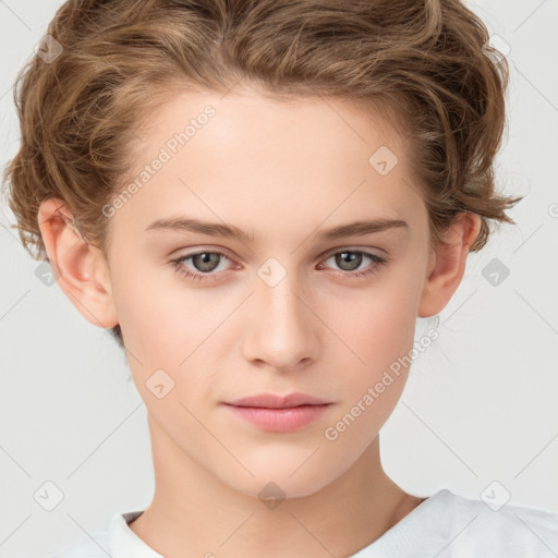 Joyful white child female with short  brown hair and grey eyes