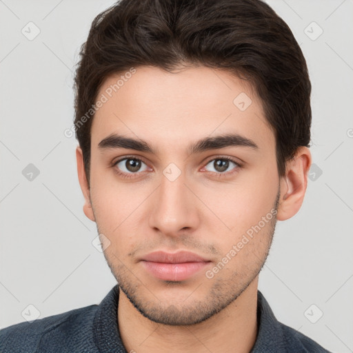 Neutral white young-adult male with short  brown hair and brown eyes