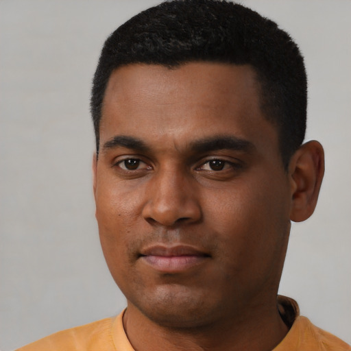 Neutral black young-adult male with short  black hair and brown eyes