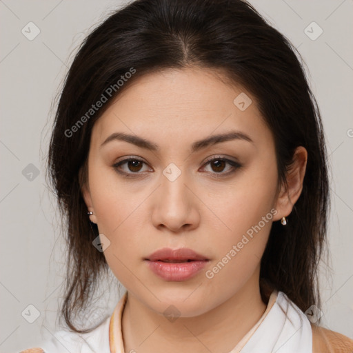 Neutral white young-adult female with medium  brown hair and brown eyes