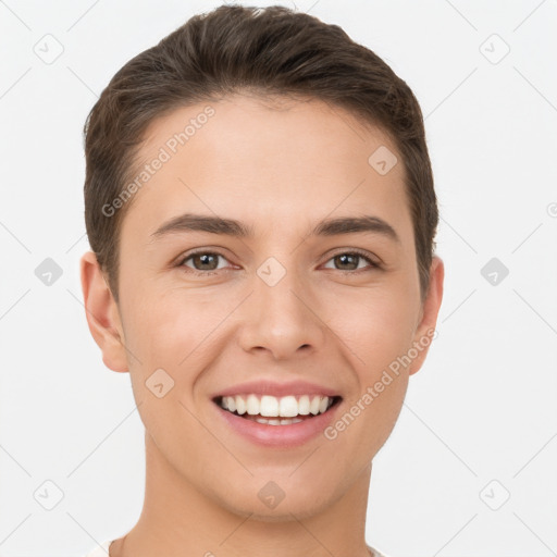 Joyful white young-adult female with short  brown hair and brown eyes