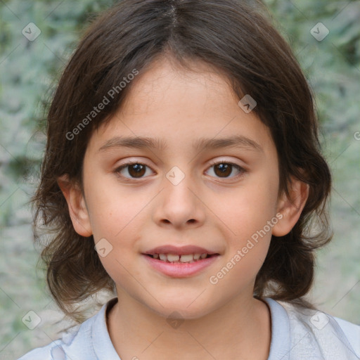 Joyful white child female with medium  brown hair and brown eyes