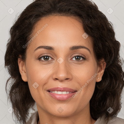 Joyful white adult female with medium  brown hair and brown eyes