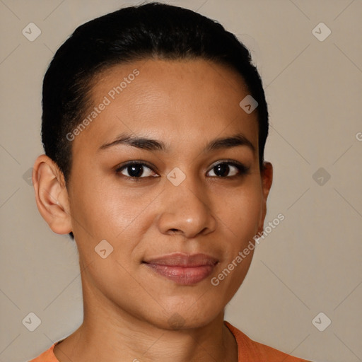 Joyful latino young-adult female with short  brown hair and brown eyes