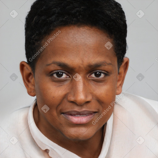 Joyful black young-adult female with short  brown hair and brown eyes