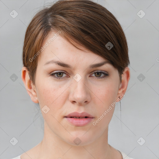 Neutral white young-adult female with medium  brown hair and brown eyes