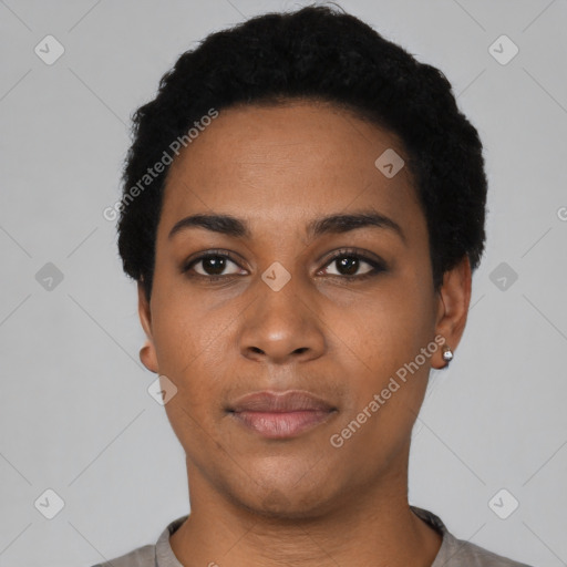 Neutral latino young-adult female with short  black hair and brown eyes