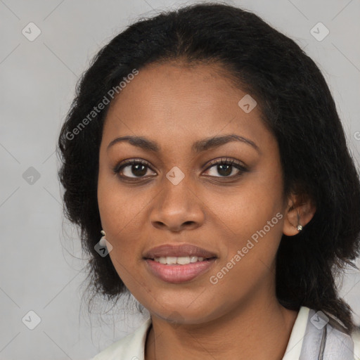 Joyful black young-adult female with medium  brown hair and brown eyes