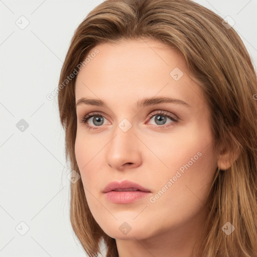 Neutral white young-adult female with long  brown hair and brown eyes