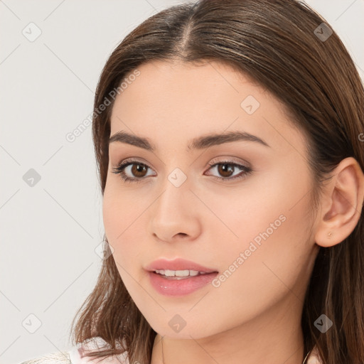 Neutral white young-adult female with long  brown hair and brown eyes