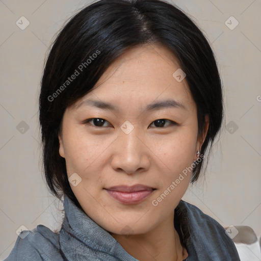 Joyful asian young-adult female with medium  black hair and brown eyes