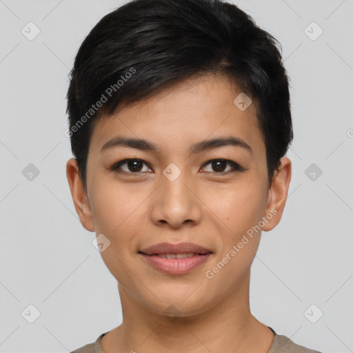 Joyful asian young-adult female with short  black hair and brown eyes