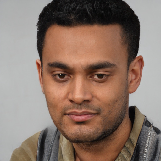 Neutral latino young-adult male with short  black hair and brown eyes