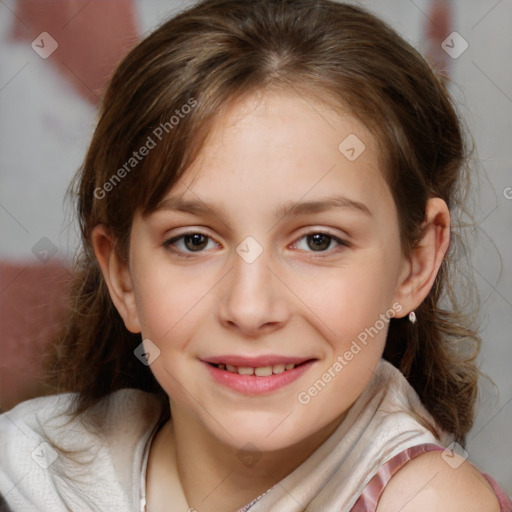 Joyful white child female with medium  brown hair and brown eyes