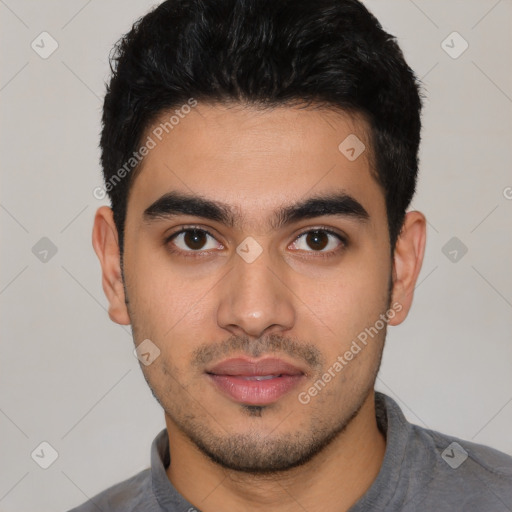 Neutral latino young-adult male with short  black hair and brown eyes