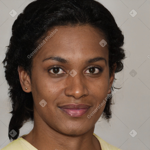 Joyful black young-adult female with medium  brown hair and brown eyes