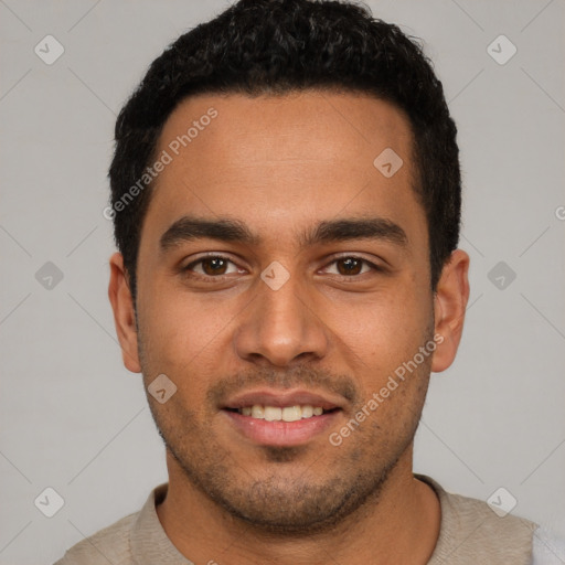 Neutral latino young-adult male with short  black hair and brown eyes