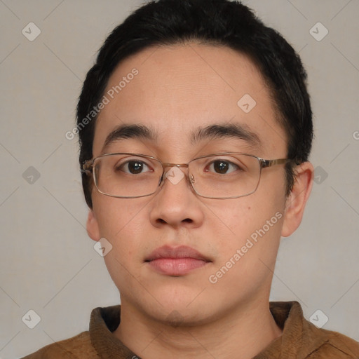 Neutral asian young-adult male with short  brown hair and brown eyes