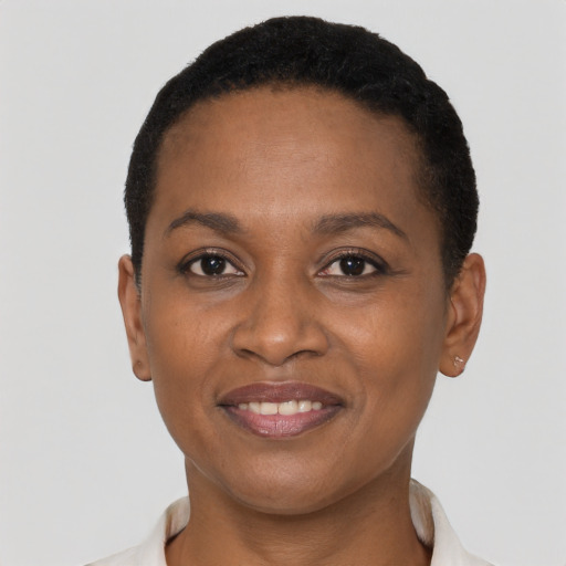 Joyful black adult female with short  black hair and brown eyes