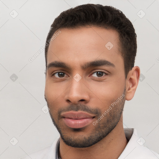 Neutral white young-adult male with short  brown hair and brown eyes