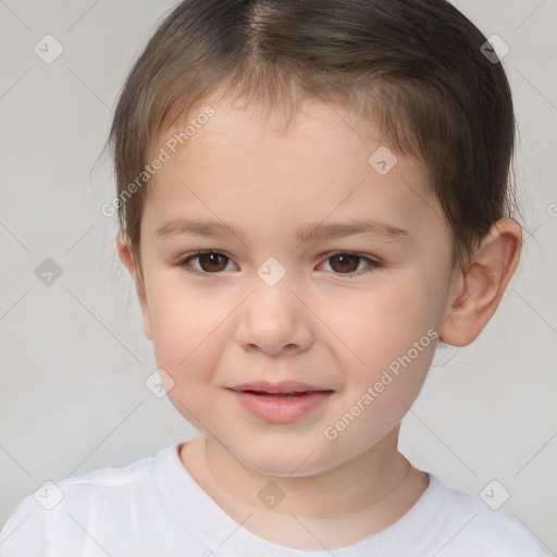 Joyful white child female with short  brown hair and brown eyes