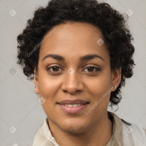 Joyful latino young-adult female with short  brown hair and brown eyes