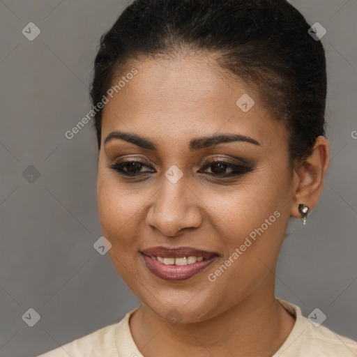 Joyful white young-adult female with short  brown hair and brown eyes