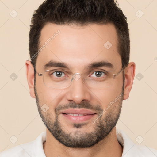 Joyful white young-adult male with short  brown hair and brown eyes