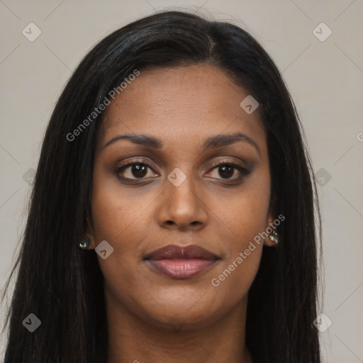 Joyful asian young-adult female with long  brown hair and brown eyes