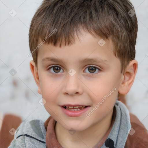 Joyful white child male with short  brown hair and brown eyes