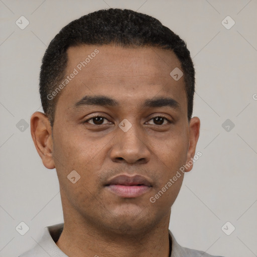Neutral latino young-adult male with short  black hair and brown eyes