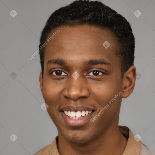 Joyful black young-adult male with short  brown hair and brown eyes